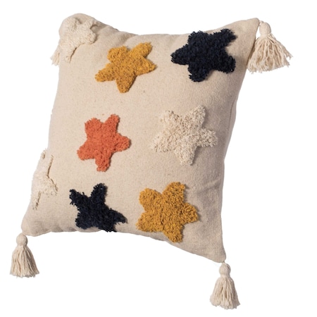 16 Handwoven Cotton Throw Pillow Cover With Tufted Star Pattern And Side Tassels, Multicolor